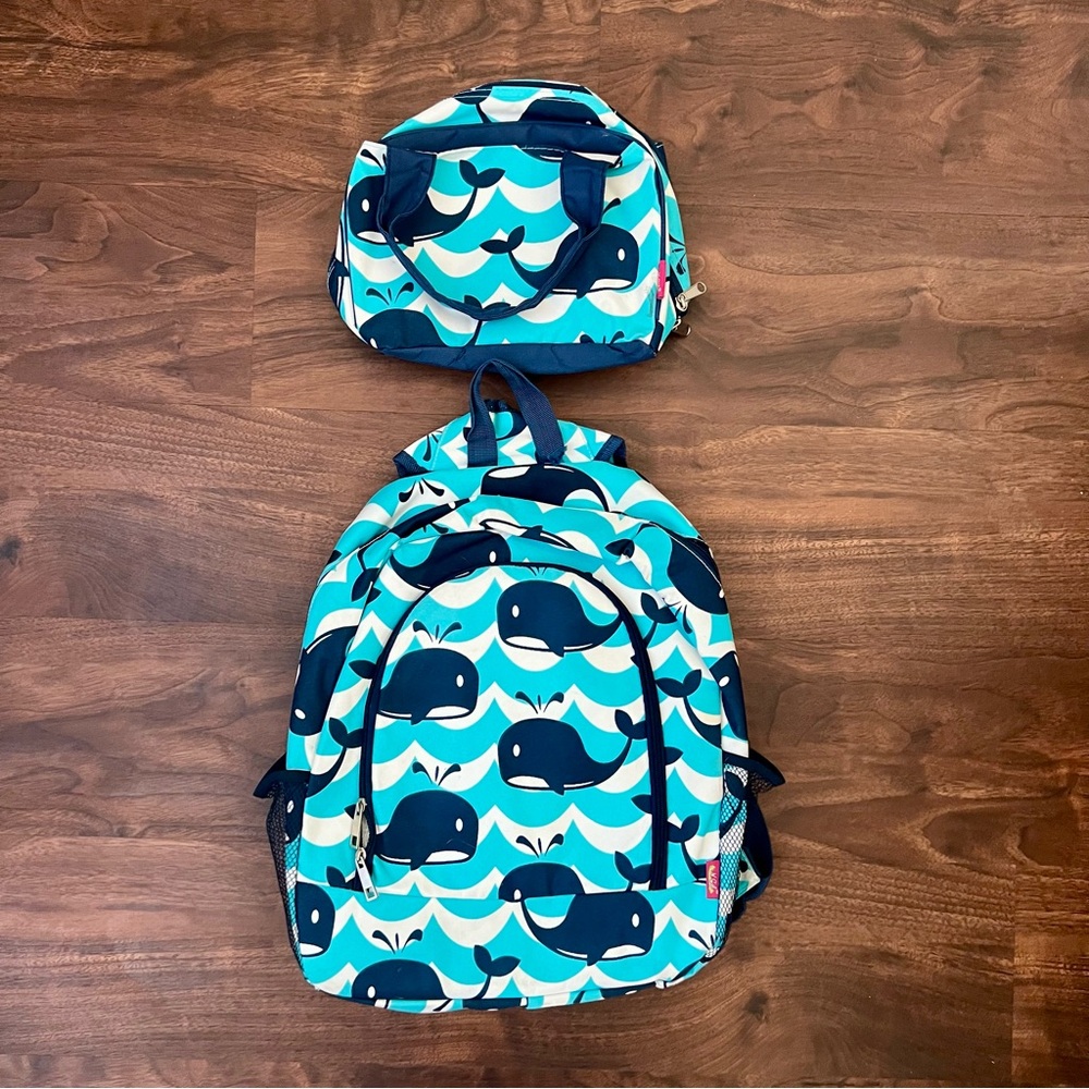 N. Gil Set Of Whale Print Backpack With Matching Lunch Bag Blue & White For Kids